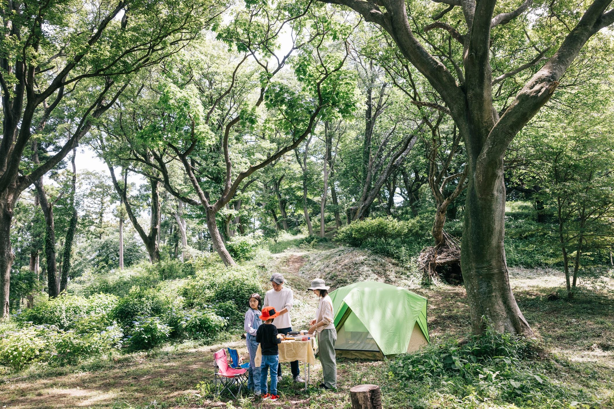 Family cooking together at a campsite