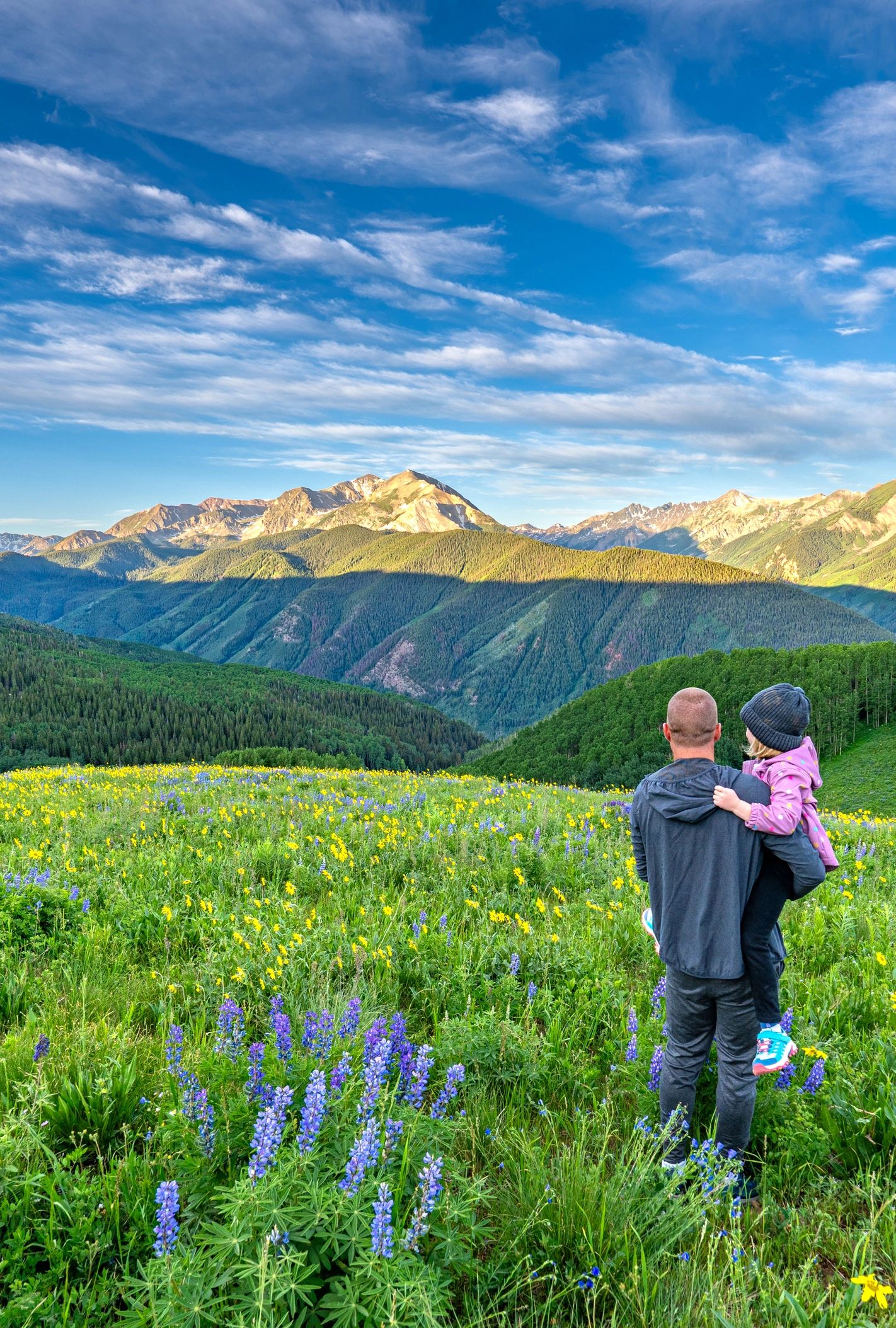 Parent and child pausing to look at wildflowers outdoors